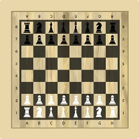 Schaakbord met een natuurlijke houtnerf, waarop de standaard beginopstelling te zien is. Zwarte stukken op de bovenste rij; witte stukken op de onderste. Kolommen gelabeld A-H, rijen 1-8.