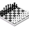 Isometric view of a chessboard on a black background with neatly arranged black and white pieces, conveying a sense of readiness for play.