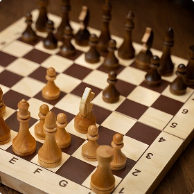 Er staat een schaakbord met houten stukken klaar voor een partij; de witte en bruine stukken zijn strategisch opgesteld. De sfeer is geconcentreerd en serieus.