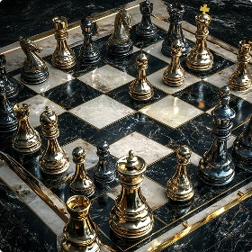Een luxe schaakset met gouden en zilveren stukken op een marmeren bord. De glanzende stukken zorgen voor een elegante en verfijnde sfeer.