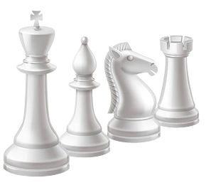 Witte en zwarte schaakstukken staan keurig op een rij tegen een donkere achtergrond. De witte set bestaat uit een toren, paard, loper en koning; de zwarte set is identiek.