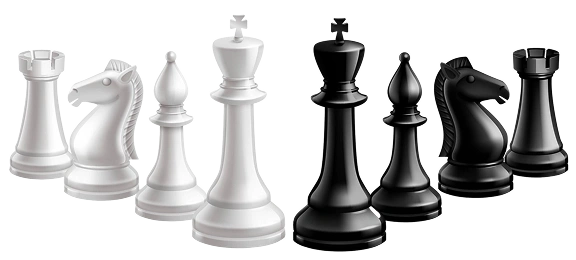 Witte en zwarte schaakstukken staan keurig op een rij tegen een donkere achtergrond. De witte set bestaat uit een toren, paard, loper en koning; de zwarte set is identiek.